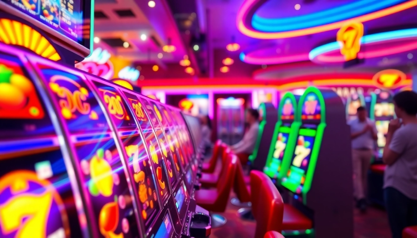 Memainkan slot demo di casino yang meriah dengan mesin slot berwarna-warni dan pemain yang bersemangat.