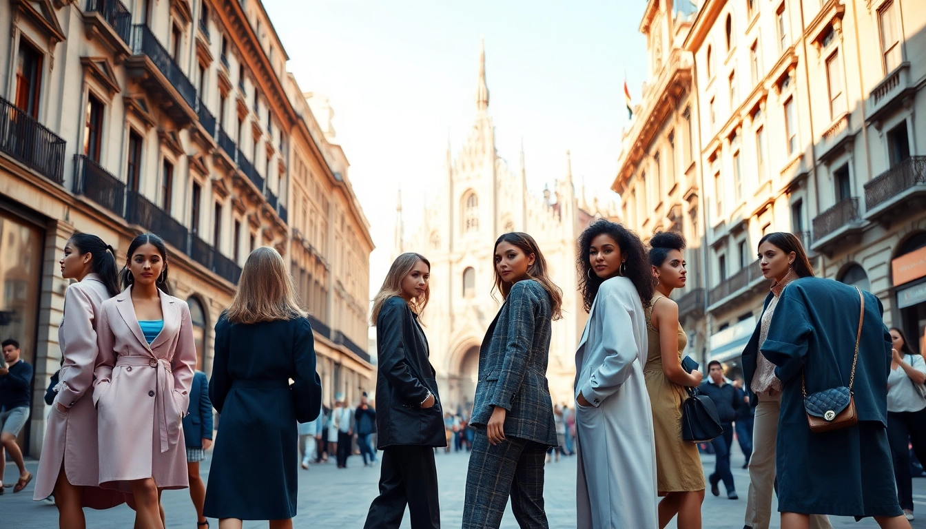 Le modelle mostrano abbigliamento contemporaneo in una vivace strada di Milano.